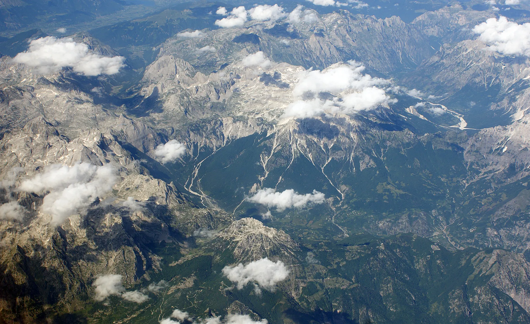 Aerial view of the snow-streaked Albanian Alps