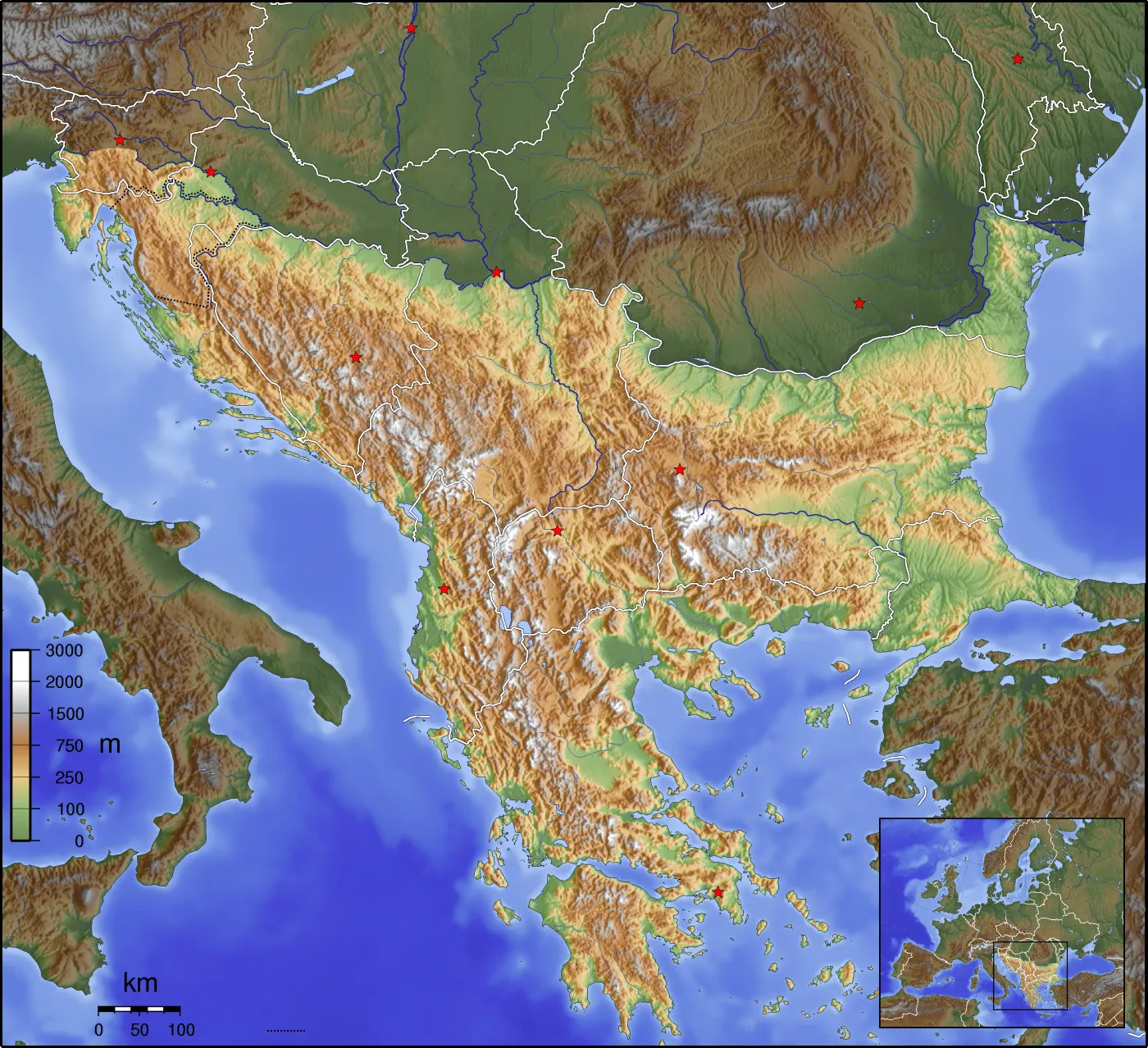 Blank topographic map of the Balkan Peninsula