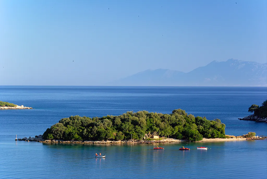 Ksamil islands and turquoise Ionian water, southern Albania